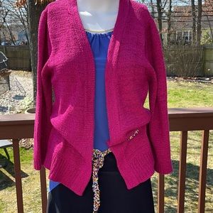 Fuchsia open cardigan with a beaded belt woven through it belt can be replaced